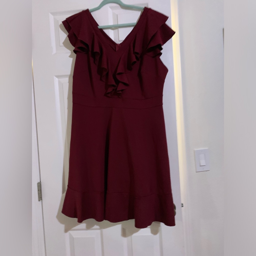 Plus Ruffle Trim A-Line Burgundy Dress